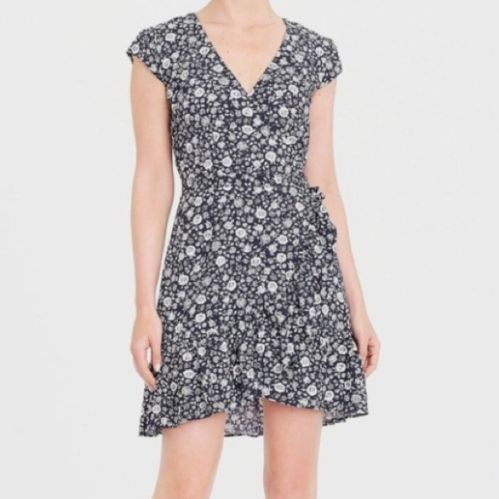 J. CREW Mercantile Navy Blue Floral Faux Wrap Dress Size 6